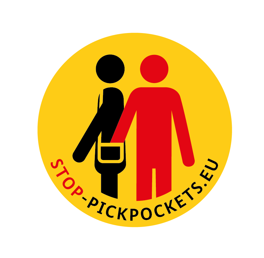 A yellow circle shows two stick figures. The left figure is black, the right one red. The right figure reaches into the side pocket of the left one. At the bottom of the circle you can read STOP-PICKPOCKETS.EU